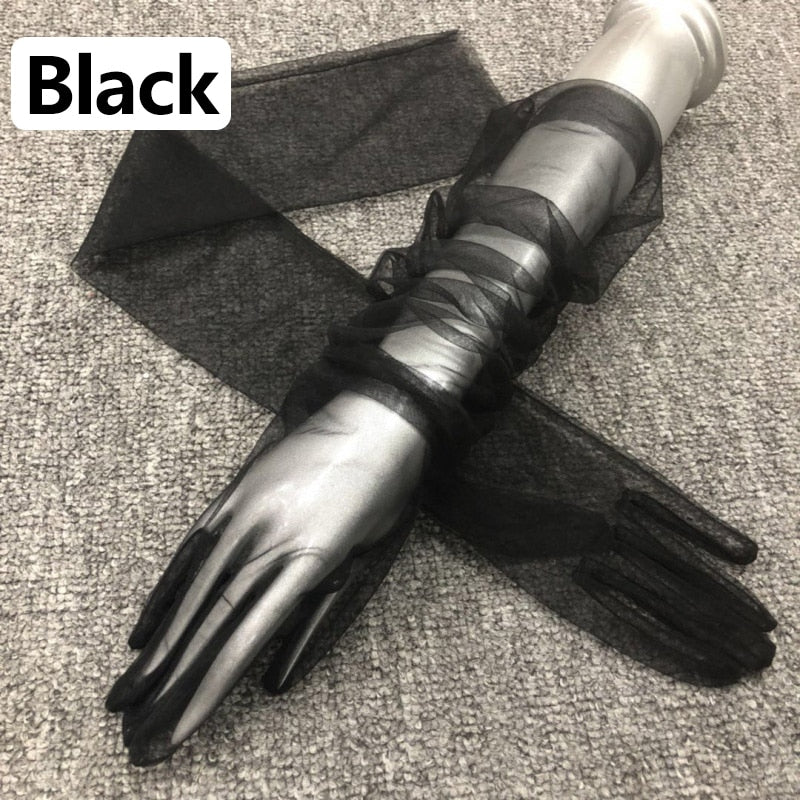 70CM Women Ultra Thin Gloves Tulle Elbow Long Wedding Bride Dress Mittens Sheer Transparent Sunscreen Vintage Black White Glove