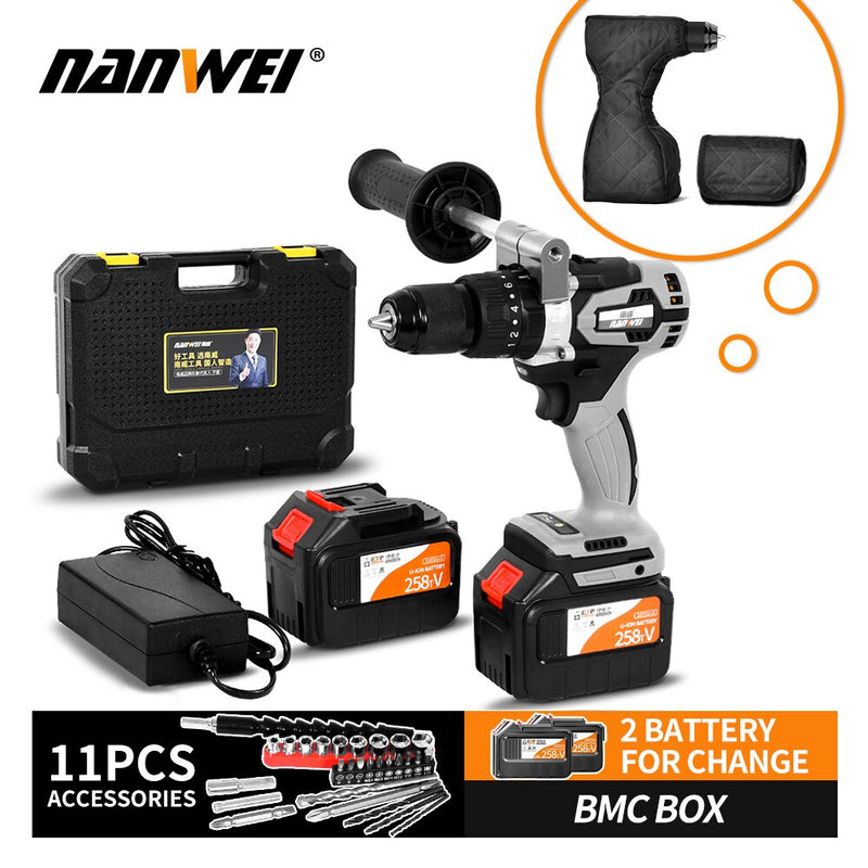 NANWEI 21V 13mm Cordless Drill Industrial Grade Brushless Impact Drill 1/2&quot; Metal Auto-locking Chuck  Ice Drill Fishing