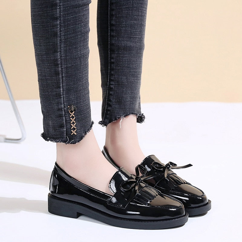 Spring Flats Women Shoes Bowtie Loafers Patent Leather Women&