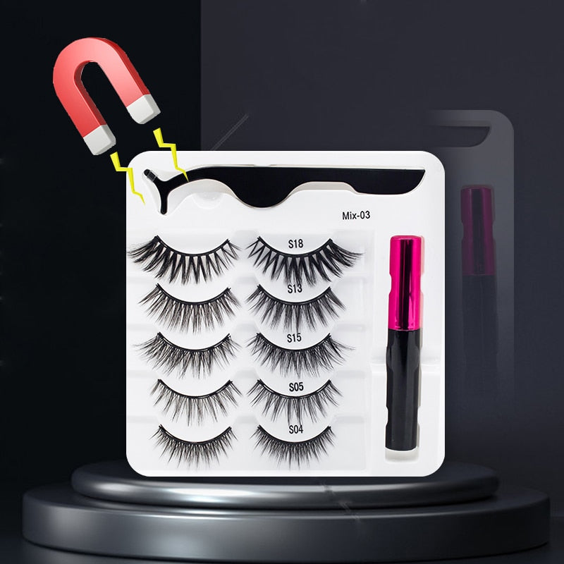 3/5/7Pairs Magnetic Eyelashes False Lashes Repeated Use Eyelashes Waterproof Liquid Eyeliner With Tweezer Makeup Set