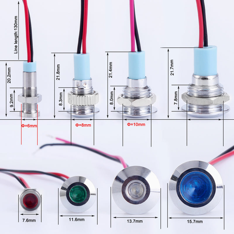 1pc 6mm 8mm 10mm 12mm Metal LED Warning indicator light Waterproof IP67 Signal Lamp Pilot Wires switch 3V 5V 12V 220V Red Blue