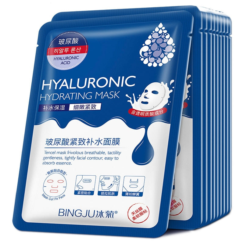 10 Pieces Hyaluronic Acid Facial Mask Sheet Pores Moisturizing Oil-Control Anti-Aging Replenishment Whitening Face Care TSLM1