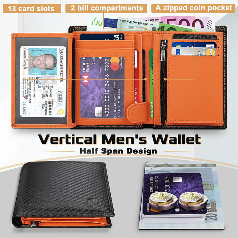 TEEHON Carbon Fiber Leather Men Wallet Coin Pocket RFID Credit Card Holder Half Span Design Black Purse