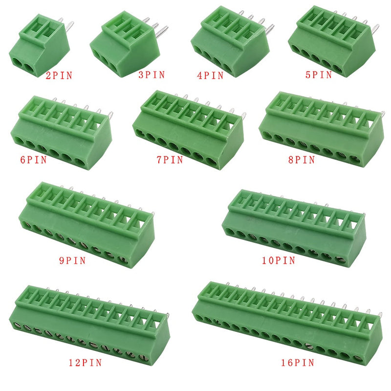 2.54mm/0.1&quot; Pitch PCB Screw Terminal Block Connector 2P 3P 4P 5P 6P 7P 8P 9P 10P 12P 16Pin Terminals 150V 6A for 26-18AWG Cable