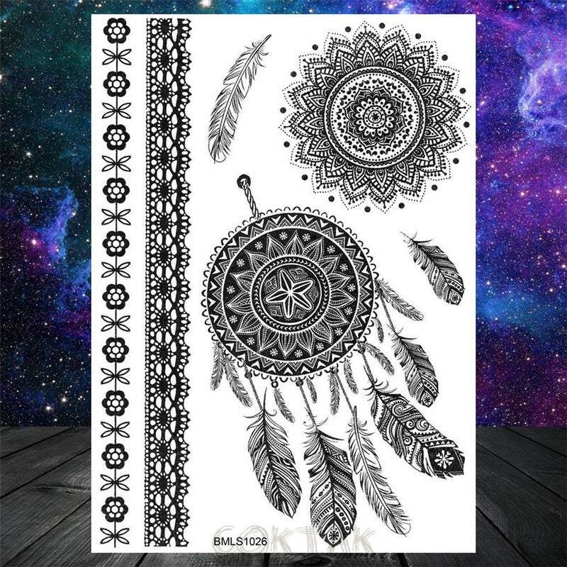 Sexy Black Henna Temporary Tattoos For Women Girls Body Art Decoration Fake Jewelry Chains Waterproof Mandala Flower Tatoos Kit