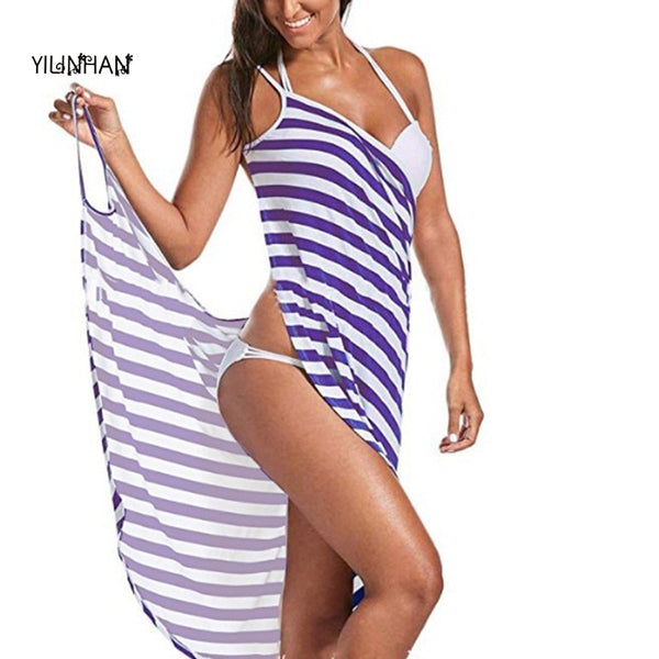 YILINHAN New  Fashion Scarf Women Bathing Suit Bikini Swimwear Striped Sling Cover Up Backless Beach Maxi Dress Wrap Pareo