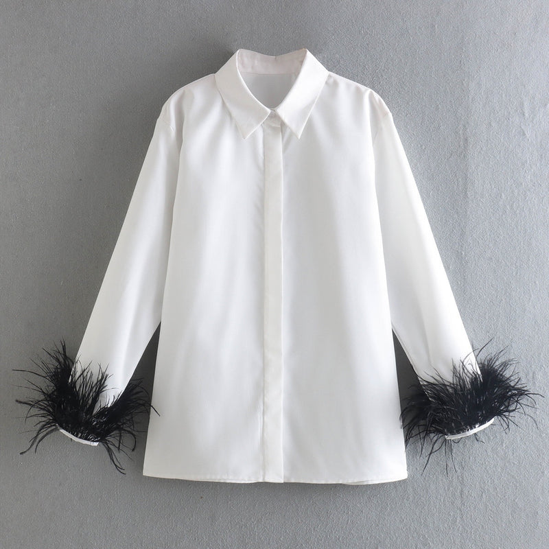 Green Feathers on the Cuffs Womens Blouses Long Sleeves Women&