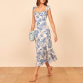 Dresses For Women 2022 Elegant Vintage Floral Dress Frill Sweetheart Neck Sleeveless Strap Tie Ruffle Hem Summer Beach Dress