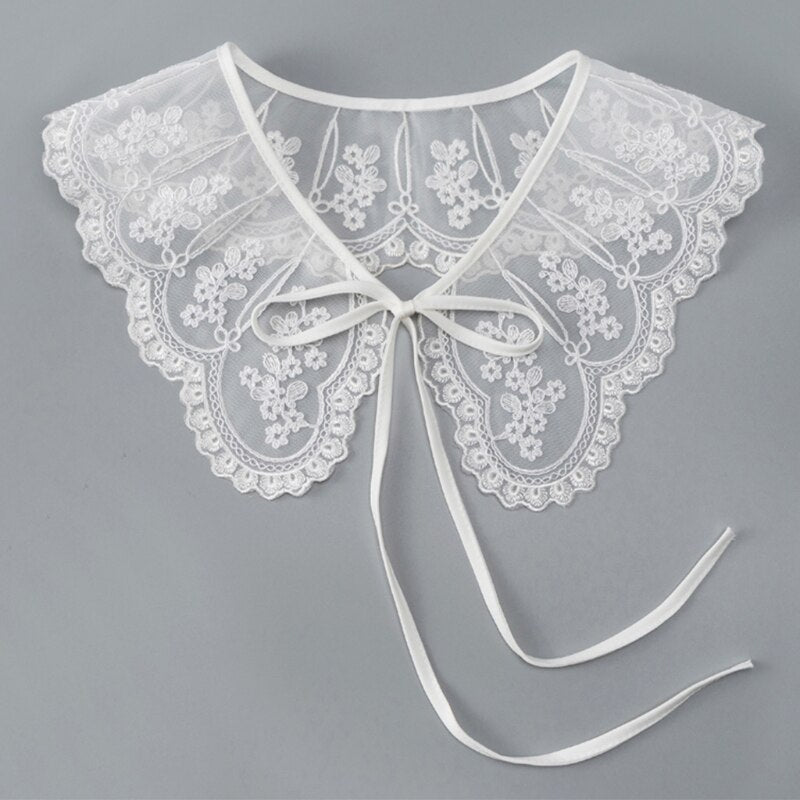 Royal Style Cotton Fake Collar Shawl Wrap Hollow Out Floral Lace Ruffled Trim Necklace Pointed Triangle Lapel Blouse