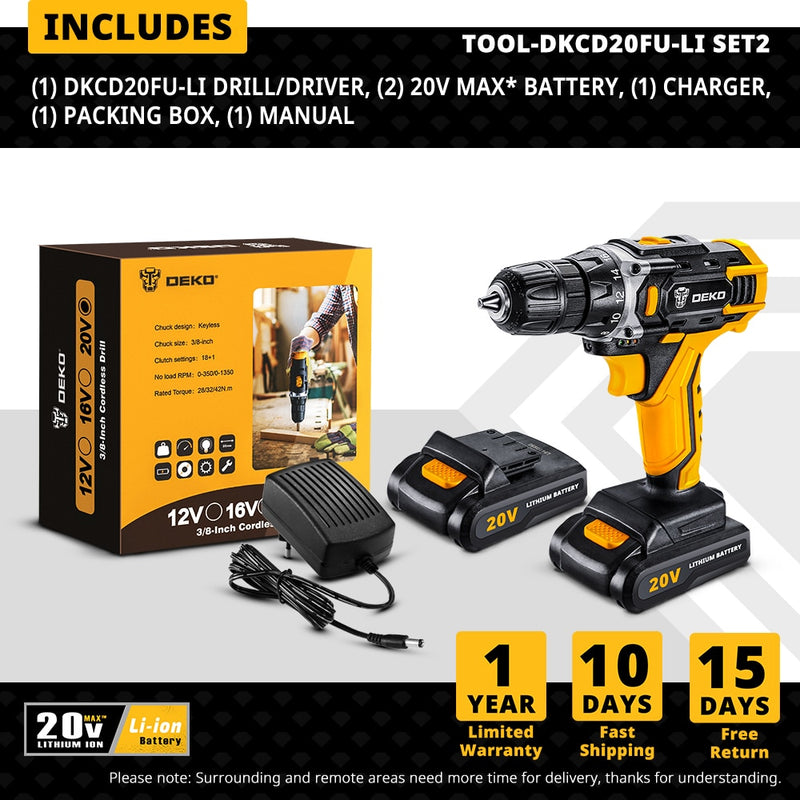 DEKO 20V MAX Cordless Drill Power Tools Wireless Drills Rechargeable Drill Set for Electric Screwdriver Battery Driller Tool