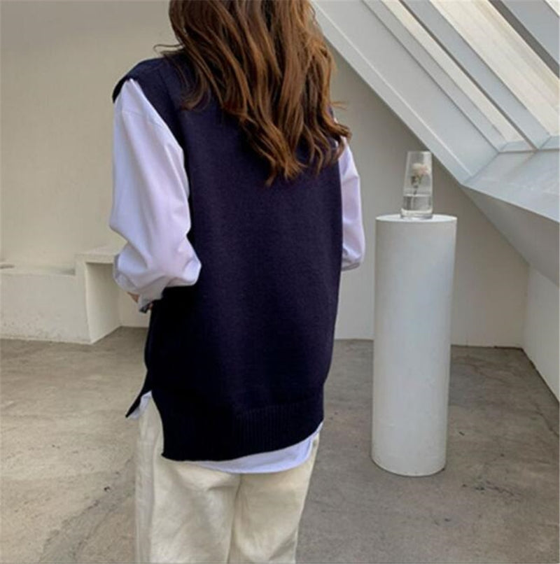 Fashion Autumn Winter Sleeveless Sweaters Vest Women V-neck Solid Simple Slim All-match Casual Korean Style Teens Sweater Tops