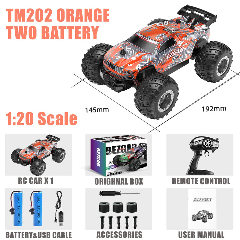 BEZGAR TM201 Remote Control Car,2.4GHz Rc Car All-Terrain 15Km/h 1:20 Off-Road Monster Truck Toy Christmas Present for Children