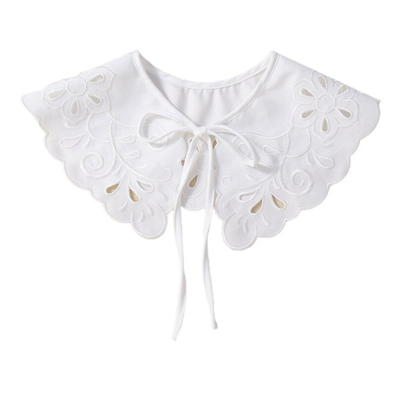 Royal Style Cotton Fake Collar Shawl Wrap Hollow Out Floral Lace Ruffled Trim Necklace Pointed Triangle Lapel Blouse