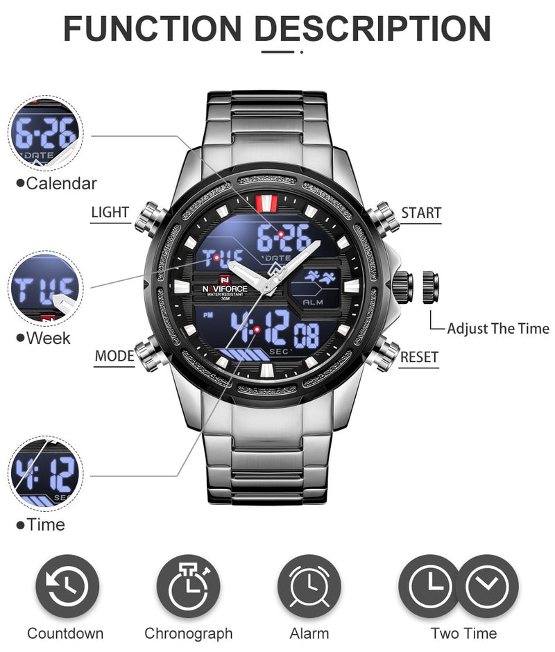 NAVIFORCE Watches for Men Luxury Brand Digital Chronograph Sport Quartz Wristwatch Waterproof Military Steel Band Luminous Clock