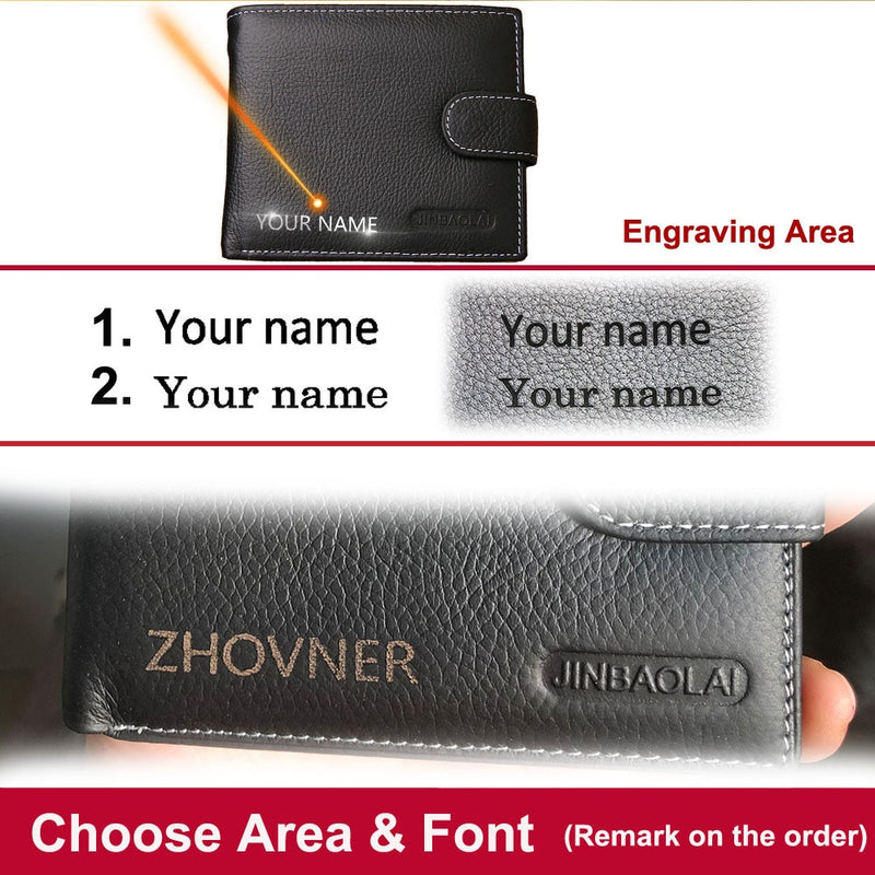 JINBAOLAI Leather Men Wallets Solid Sample Style Zipper Purse Man Card Horder Famous Brand Quality Male Wallet Name Engraving