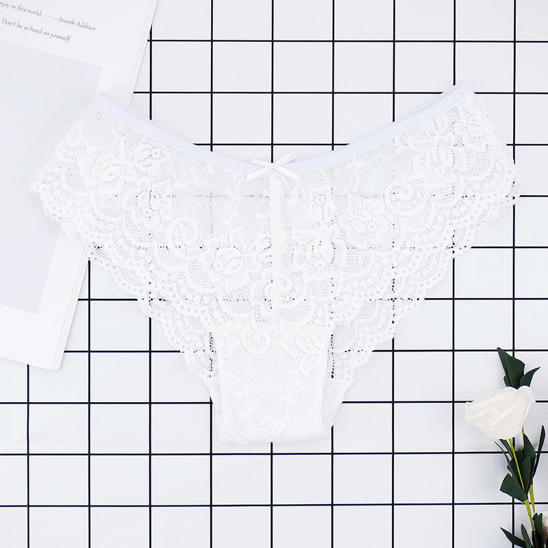 Fashion Sexy Full Lace Panties Transparent Women Briefs Female Hollow Out Low Cut Panty Breathable Bow Wholesale Underwear