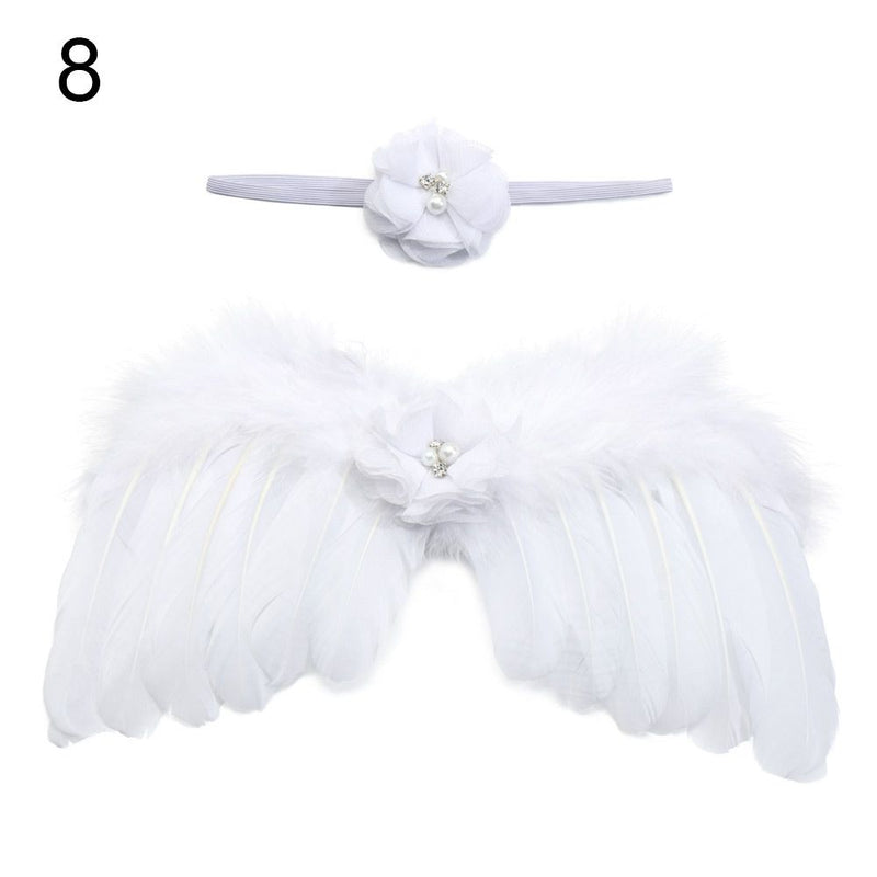 2pcs/set Cute Newborn Angel Feather Wings with Baby Girl Rose Flower Headband Hair Accessories for Infant Photography Props