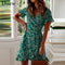 Women Dresses Summer 2022 Sexy V Neck Floral Print Boho Beach Dress Ruffle Short Sleeve A Line Mini Dress Wrap Sundress Robe
