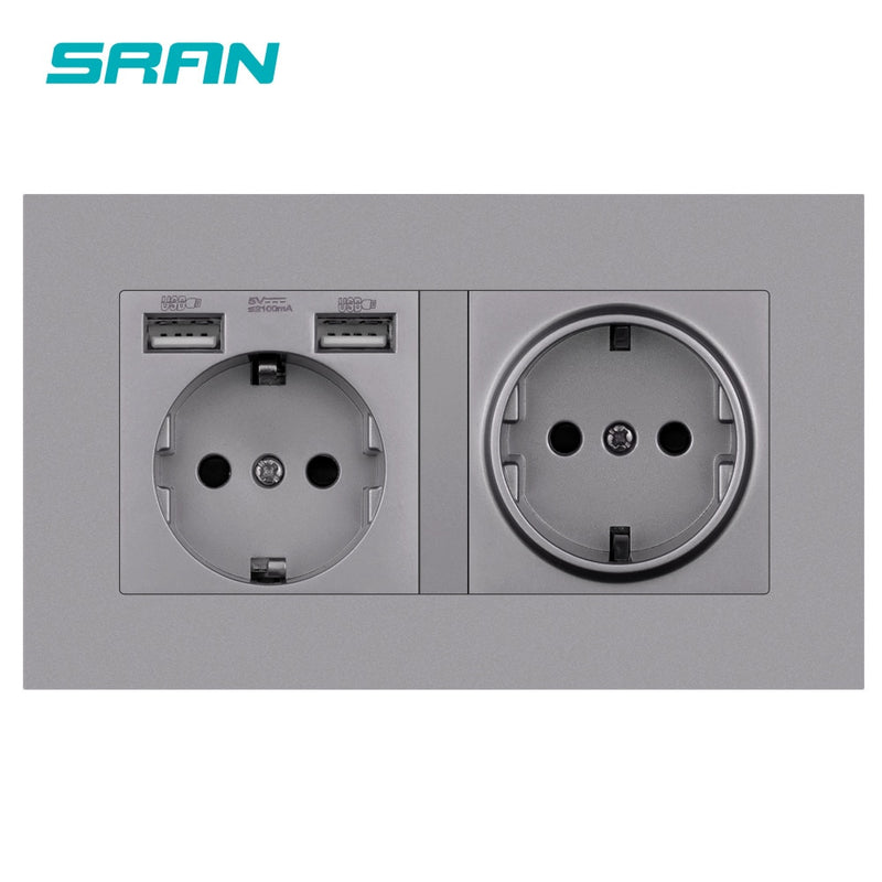 SRAN eu 2gang Power socket,16A electrical plug grounded Hide LED indicator,double Socket with USB, 146*86mm pc panel wall socket