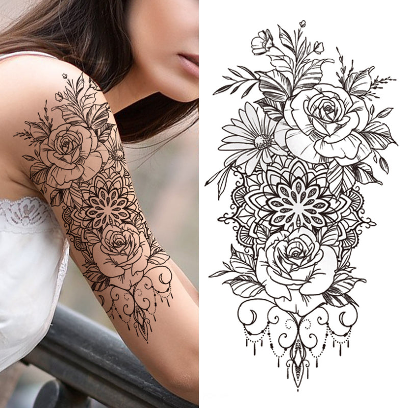 Death Skull Flower Temporary Tattoo For Women Girls Snake Bird Peony Tattoo Sticker Black Fake Blossom Sexy Tatoo Transfer Adult