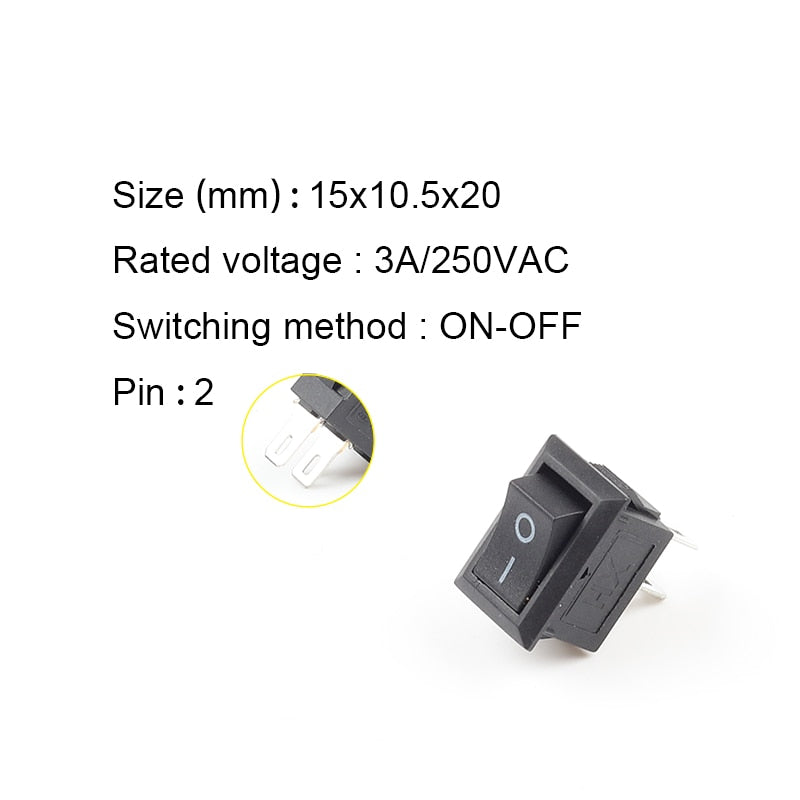 10 Pcs/lot KCD11 2 Pin 10x15mm Mini Push Button Switch SPST 3A 250V AC Snap-in On/Off Boat Rocker Switch 1Black Red White Gray