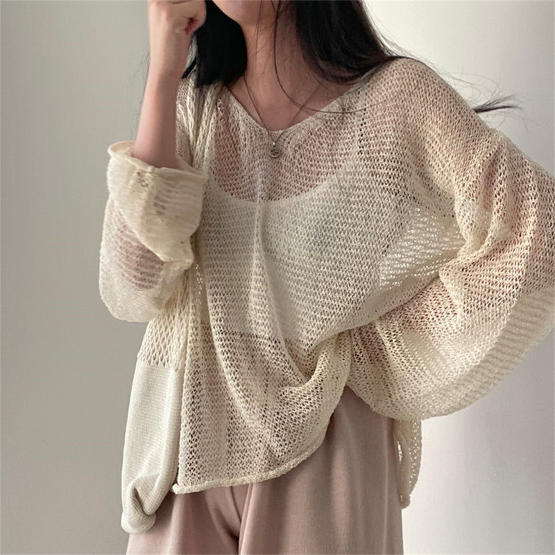 Karrram Lazy Style Full Sleeves Jumpers Tops Hollow Out Sexy Women Fashion Casual Streetwear Chic Femme Sweaters Pullovers