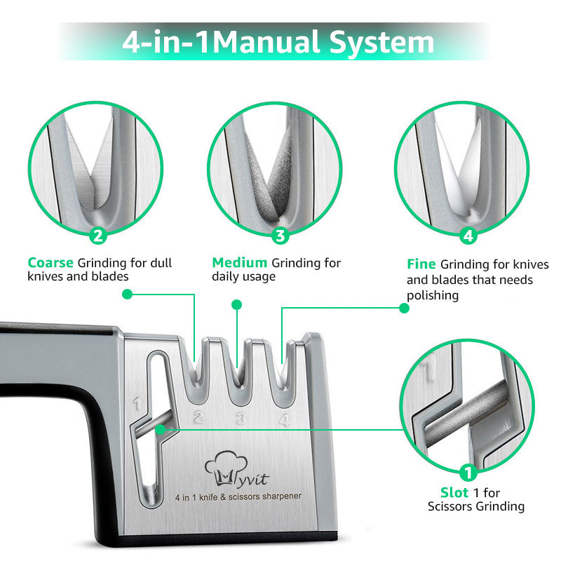 Knife Sharpener 4 in 1 Diamond Coated&amp;Fine Rod Knife Shears and Scissors Sharpening stone System Stainless Steel Blades