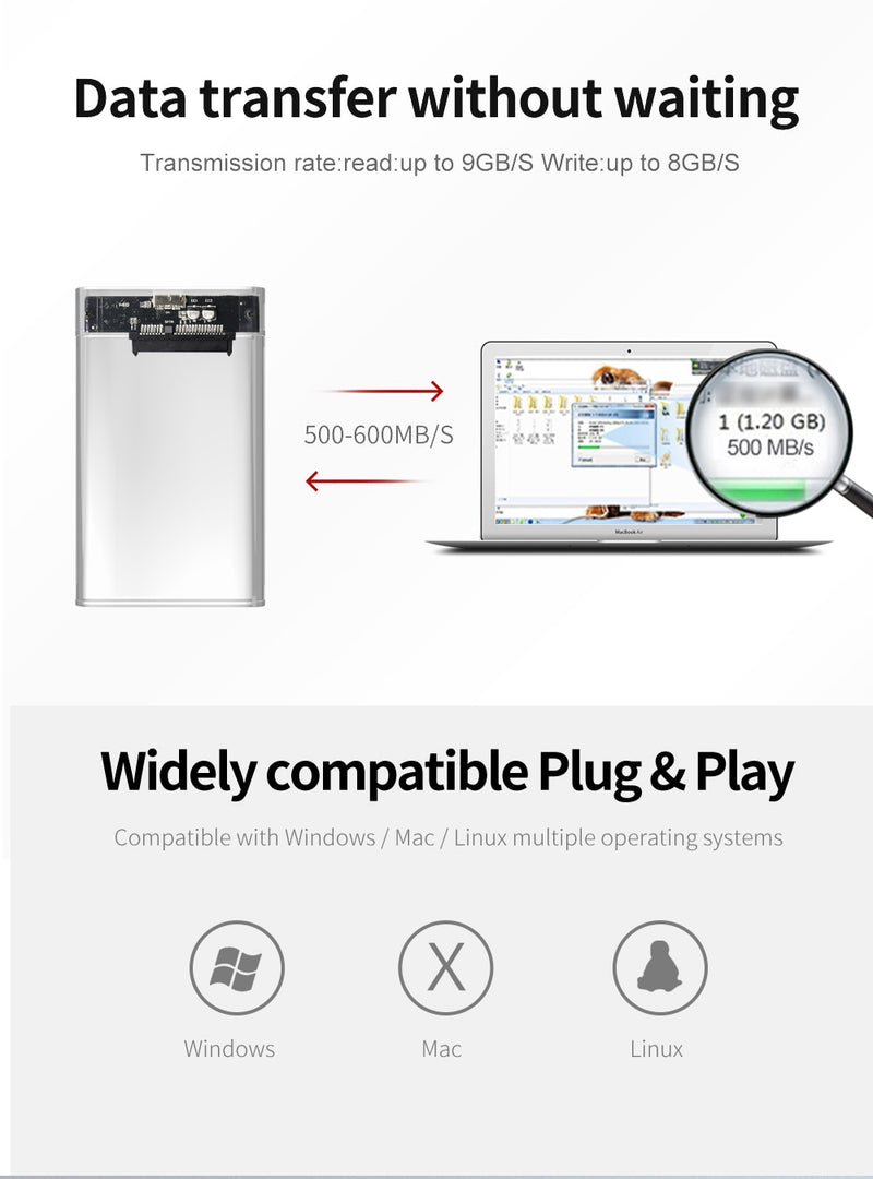 TISHRIC Transparent HDD Case USB 3.0 Type C For SSD External Hard Disk Drive HDD Box/Enclosure  2.5 HD Optibay SATA to USB 6Gbps