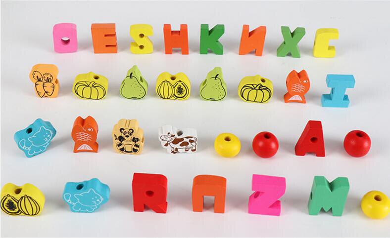 26pcs Wooden Toys Baby DIY Toy Cartoon Fruit Animal Stringing Threading Wooden beads Toy Monterssori Educational for Kids GYH