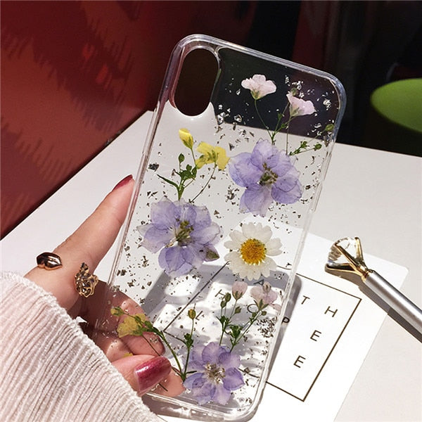 Qianliyao Dried Flower Silver foil Clear Phone Cases For iPhone 13 12 11 Pro Max XS Max XR X 6S 7 8 Plus SE Soft Silicone Cover