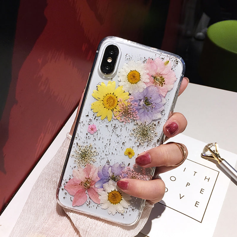 Qianliyao Dried Flower Silver foil Clear Phone Cases For iPhone 13 12 11 Pro Max XS Max XR X 6S 7 8 Plus SE Soft Silicone Cover