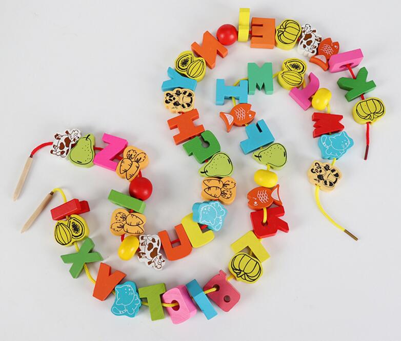 26pcs Wooden Toys Baby DIY Toy Cartoon Fruit Animal Stringing Threading Wooden beads Toy Monterssori Educational for Kids GYH