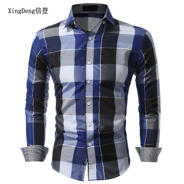 XingDeng Classic Plaid Fashion Casual spring autumn Shirt Men top Shirts Long Sleeve Social Dress blouse plus size 3XL