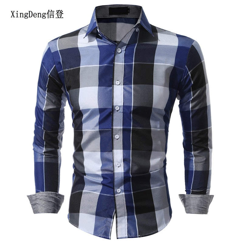 XingDeng Classic Plaid Fashion Casual spring autumn Shirt Men top Shirts Long Sleeve Social Dress blouse plus size 3XL