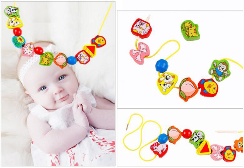 26pcs Wooden Toys Baby DIY Toy Cartoon Fruit Animal Stringing Threading Wooden beads Toy Monterssori Educational for Kids GYH