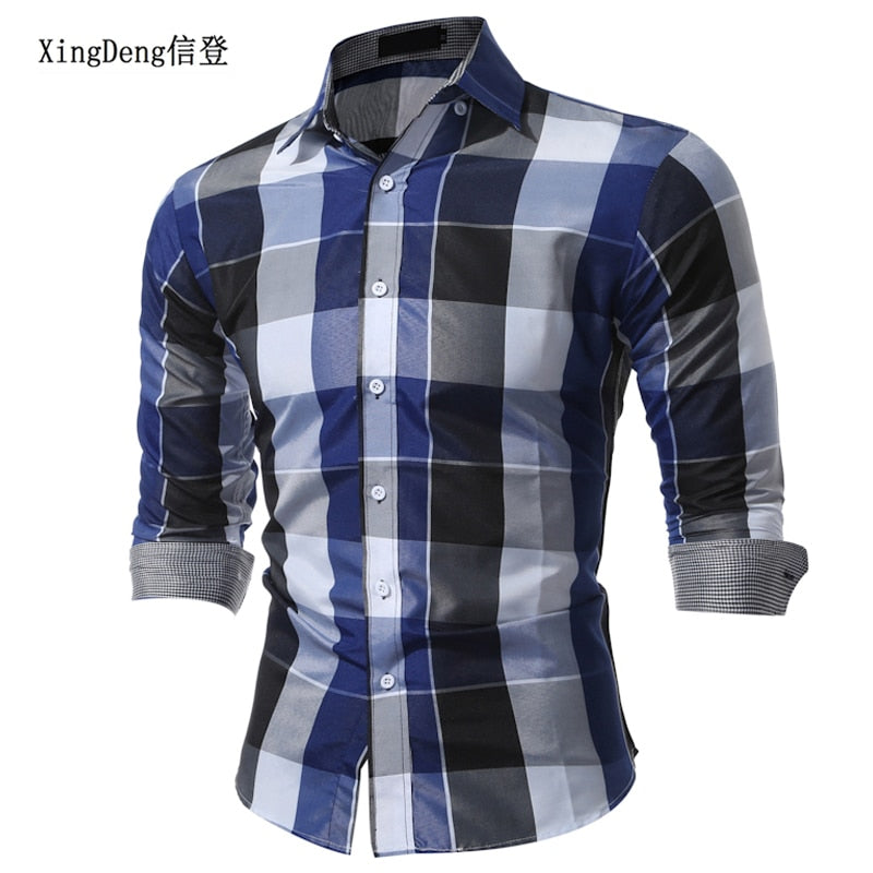 XingDeng Classic Plaid Fashion Casual spring autumn Shirt Men top Shirts Long Sleeve Social Dress blouse plus size 3XL