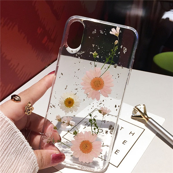 Qianliyao Dried Flower Silver foil Clear Phone Cases For iPhone 13 12 11 Pro Max XS Max XR X 6S 7 8 Plus SE Soft Silicone Cover
