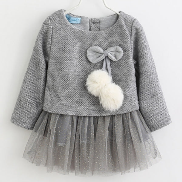 Hot 2017 Hairball Kids girl Dress baby Clothes Bow kids dresses knitting for girls Autumn Fashion Kids Girls Children