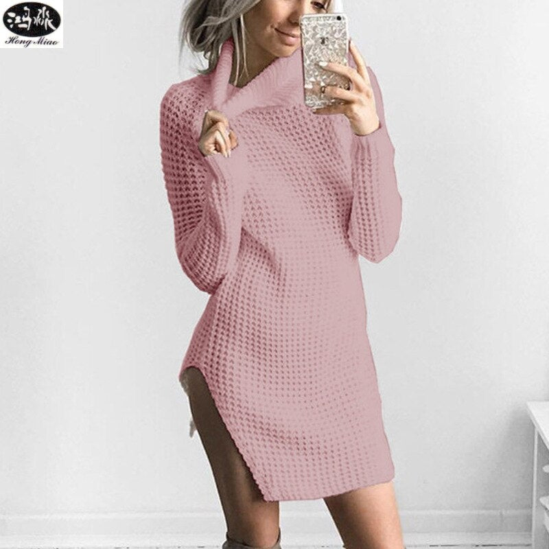 HongMiao 2018 Winter New Casual Lady Wool Dress Solid Color High Collar Long Sleeve Knit Wool Split Dress Female C69