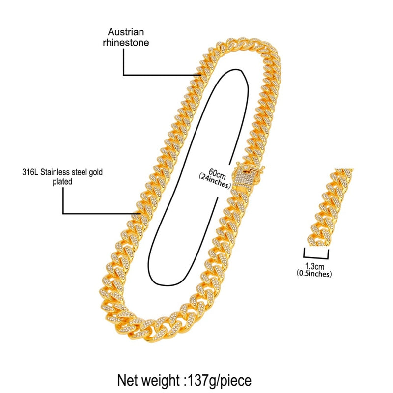 13mm Iced Out Cuban Necklace Chain Hip Hop Jewelry Choker Gold Silver Color Rhinestone CZ Clasp for Mens Rapper Necklaces Link