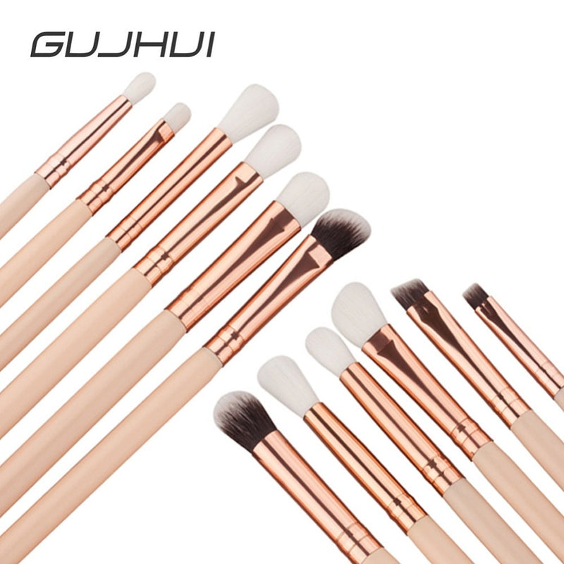 GUJHUI 12Pcs Professional Eyes Makeup Brushes Set Wood Handle Eyeshadow Eyebrow Eyeliner Blending Powder Smudge Brush