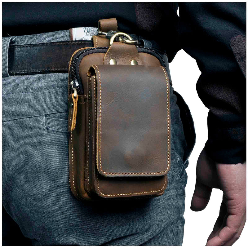 Real Leather men Casual Design Small Waist Bag Cowhide Fashion Hook Bum Bag Waist Belt Pack Cigarette Case 5.5&quot; Phone Pouch 1609