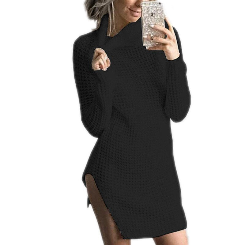 HongMiao 2018 Winter New Casual Lady Wool Dress Solid Color High Collar Long Sleeve Knit Wool Split Dress Female C69