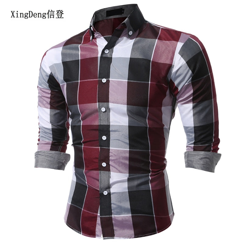 XingDeng Classic Plaid Fashion Casual spring autumn Shirt Men top Shirts Long Sleeve Social Dress blouse plus size 3XL
