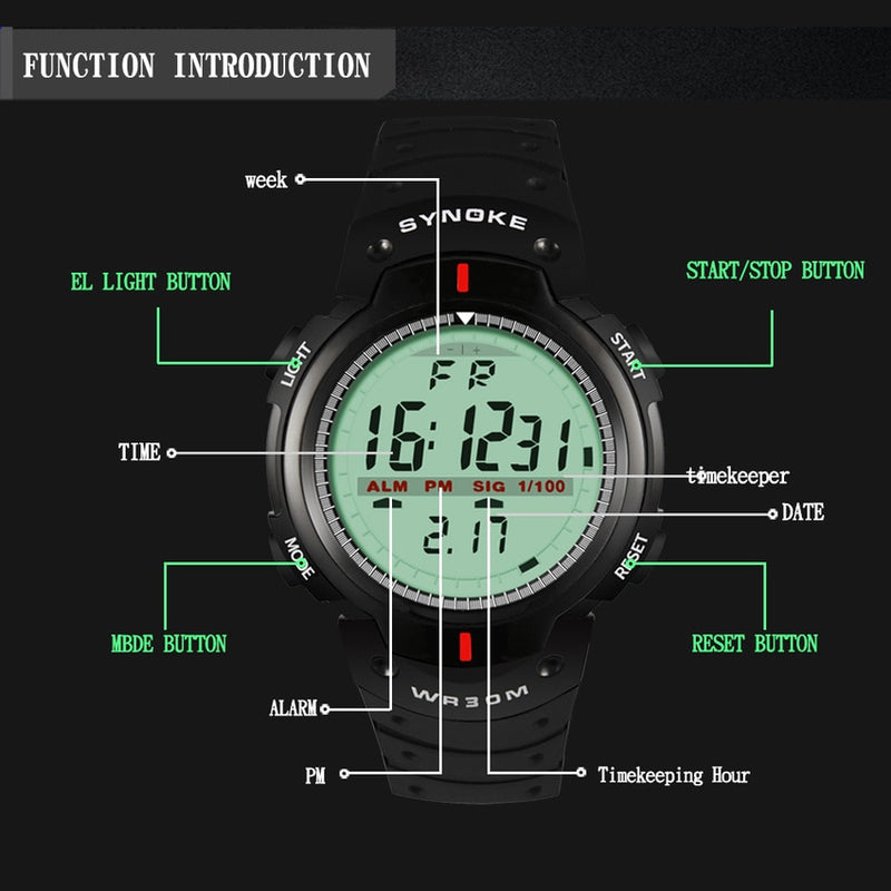 SYNOKE Kol Saati Watches Men 30M Waterproof Electronic LED Digital Outdoor Mens Sports Wrist Watches Stopwatch Relojes Hombre