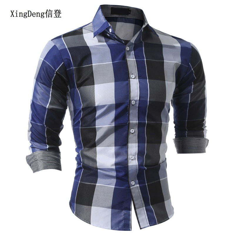 XingDeng Classic Plaid Fashion Casual spring autumn Shirt Men top Shirts Long Sleeve Social Dress blouse plus size 3XL