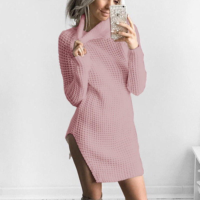 HongMiao 2018 Winter New Casual Lady Wool Dress Solid Color High Collar Long Sleeve Knit Wool Split Dress Female C69