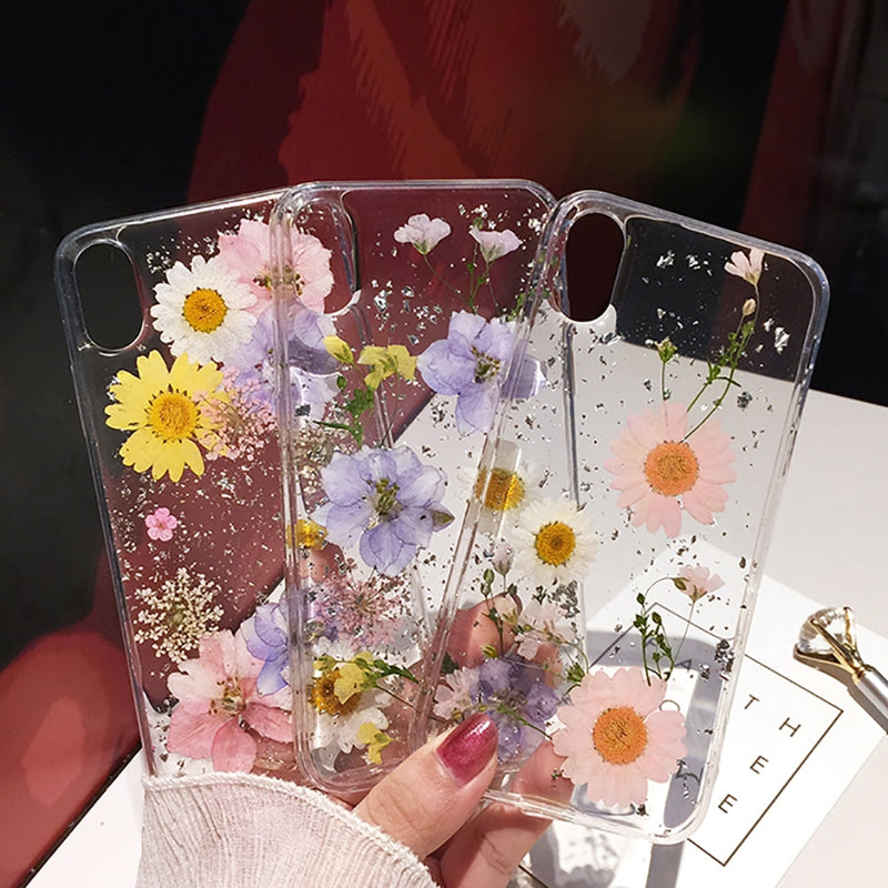Qianliyao Dried Flower Silver foil Clear Phone Cases For iPhone 13 12 11 Pro Max XS Max XR X 6S 7 8 Plus SE Soft Silicone Cover