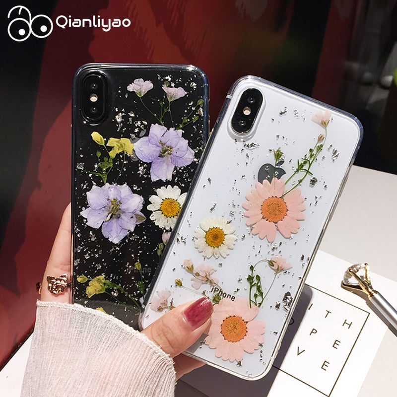 Qianliyao Dried Flower Silver foil Clear Phone Cases For iPhone 13 12 11 Pro Max XS Max XR X 6S 7 8 Plus SE Soft Silicone Cover