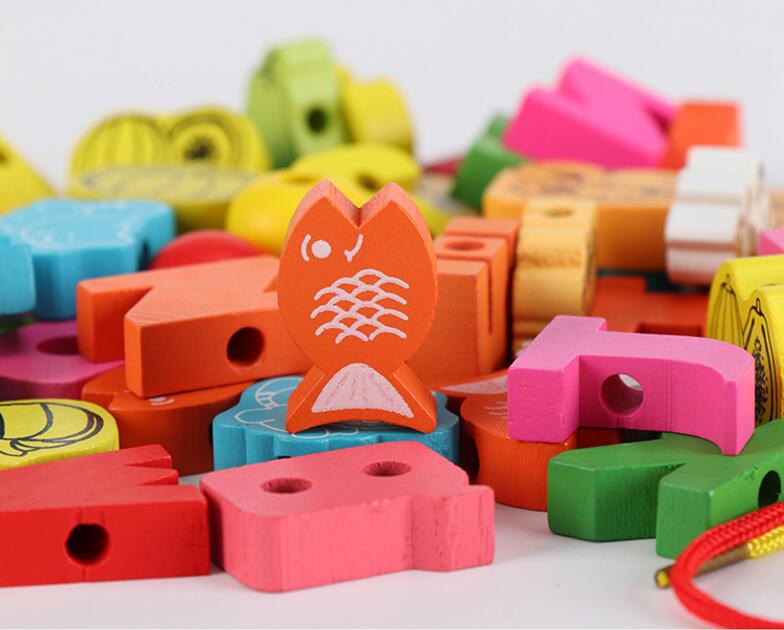 26pcs Wooden Toys Baby DIY Toy Cartoon Fruit Animal Stringing Threading Wooden beads Toy Monterssori Educational for Kids GYH